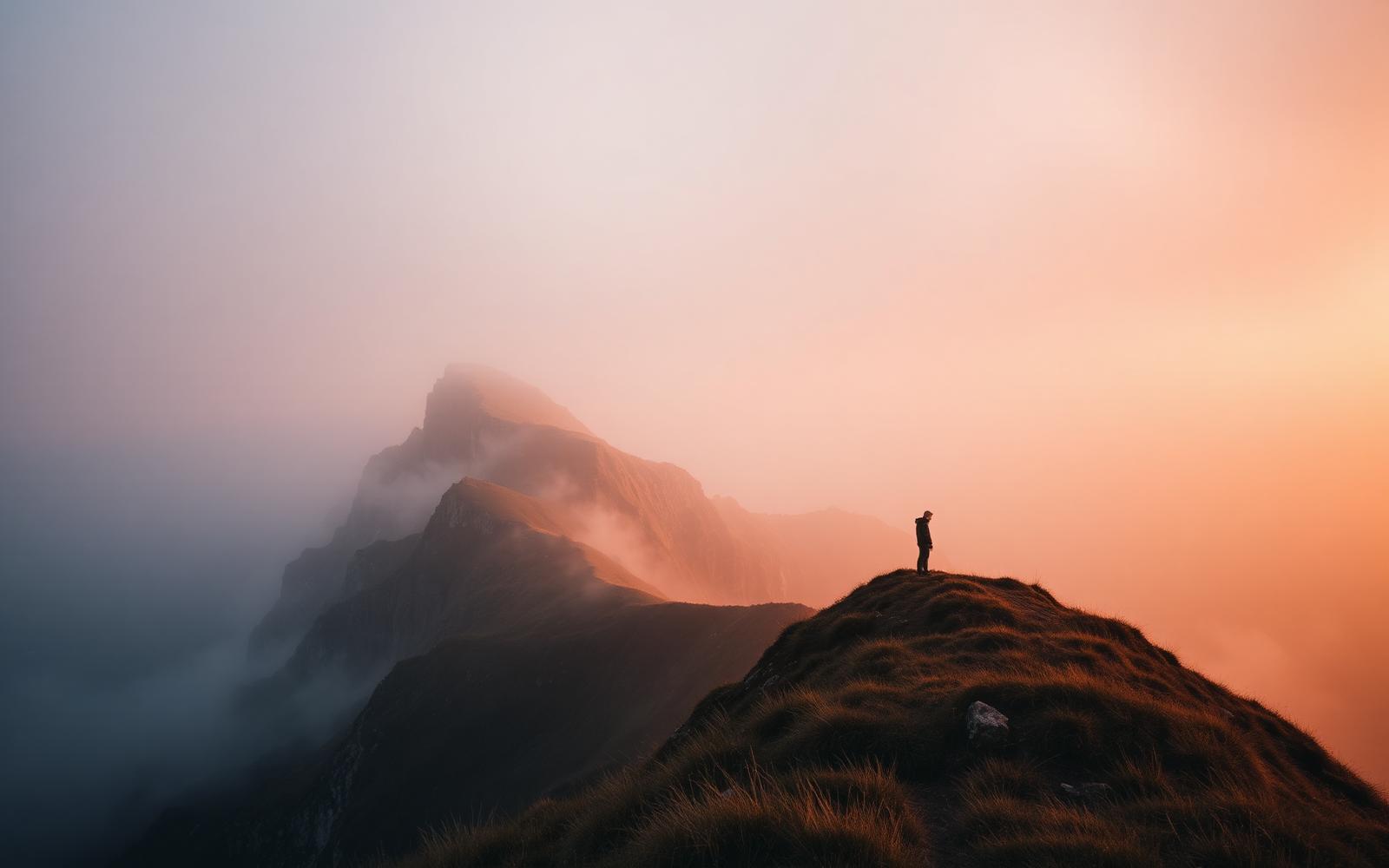 Cinematisch reisbeeld van figuur op bergrug bij zonsopgang